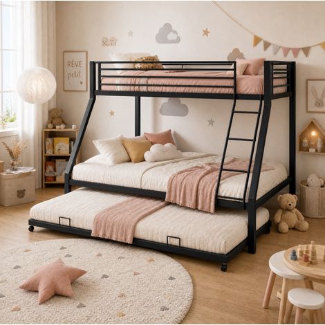 Litera metálica 90 x 200 / 140 x 200 cm con cama nido 90 x 190 cm, negro DESVIAE (1/5)