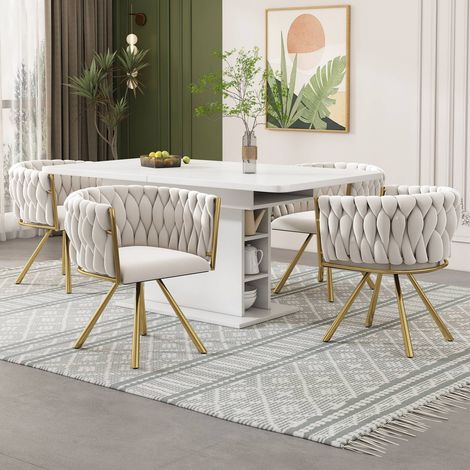 Fauteuil pivotant design en métal doré et beige, 4 pieds, pour séjour ou chambre (1/5)