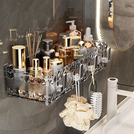Étagère de rangement murale grise pour salle de bain avec 4 crochets, idéale pour les soins de la peau : shampoing, gel douche, maquillage et parfum. (1/5)