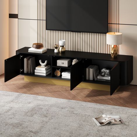 TV-Lowboard mit 3 Türen und Verstellbarem Regal, Kabelmanagement, Abgerundetes Design Modern, aus MDF und Spanplatte, Schwarz, 170×40,5×47 cm