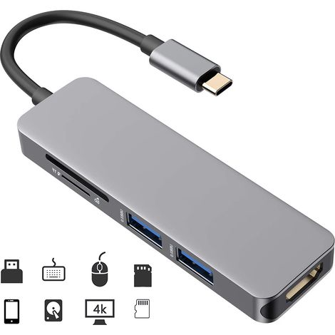 Hub Type-C - 5 En 1 - HDMI 4K - Lecteur Cartes SD MicroSD - 2 Ports USB 3.0 - Pour Ordinateur Portable - 1 Pièce (1/5)