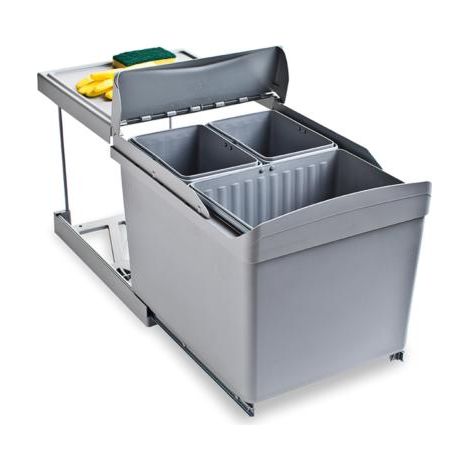 Emuca Contenedores de reciclaje para cocina, 1 x 16L + 2 x 7,5L, fijación inferior y extracción automática, Plástico gris. (1/7)