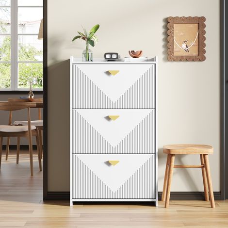 Meuble à chaussures-3 portes rabattables-6 compartiments-stockage gain de place-MDF blanc thermoformé-largeur réglable-70x30x120cm (1/5)