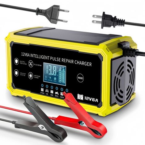 12V 6A JauneChargeur de batterie au plomb-acide et au lithium 12,6 V/14,6 V pour motos et voitures, compatible avec les batteries au lithium-acide (1/4)