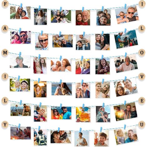 Cadre Pele Mele Photo Mural Porte Photo avec Pince et Corde, Décoration Murale DIY Personnalisé (Bleu) (1/5)