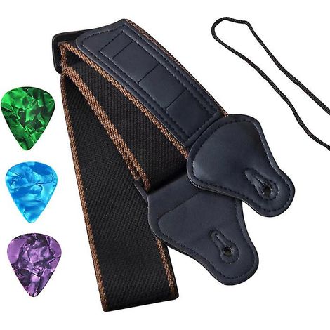 Sangle de guitare souple et réglable avec extrémités en similicuir et 2 médiators pour guitares basses, acoustiques et électriques (1/5)