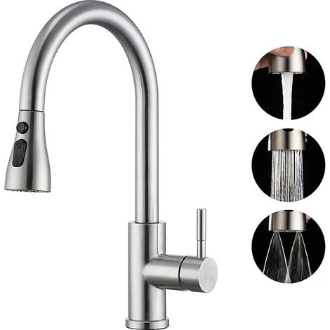 Rubinetto da cucina con doccetta estraibile, miscelatore da cucina in acciaio inox 304, beccuccio alto, rubinetto per lavello girevole a 360° con 3 modalità di regolazione, finitura spazzolata, acqua  (1/5)