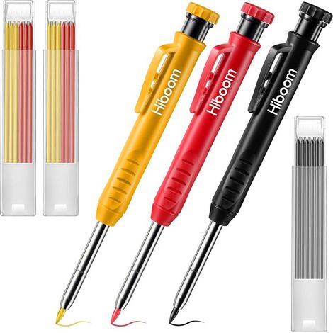Lot de 3 crayons de charpentier robustes avec 21 mines, porte-mine à longue mine et outil de marquage de trous profonds avec taille-crayon intégré, idéal comme cadeau pour les charpentiers. (1/5)
