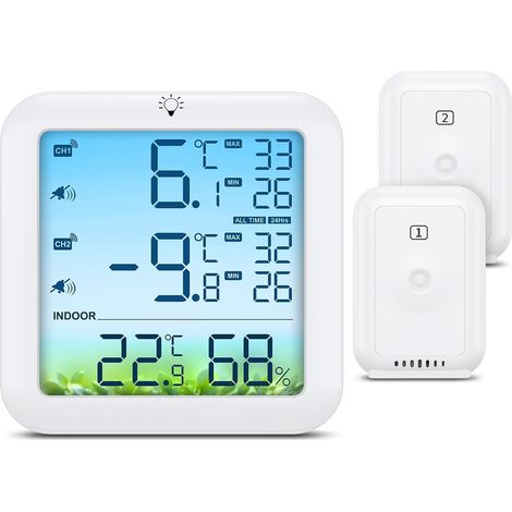 Wireless Fridge Thermometer, Digital Thermometer with 2 Sensors, Color Screen, Max/Min Values, Alarm, Freezer Temperature Sensor Powered by USB/Battery for Home (1/5)