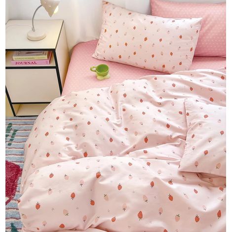 Parure de lit en coton 155x220 Roses fraises Kawaii avec fermeture éclair - 1 housse de couette 155 x 220 cm et 1 taie d'oreiller 80x80 cm (1/4)