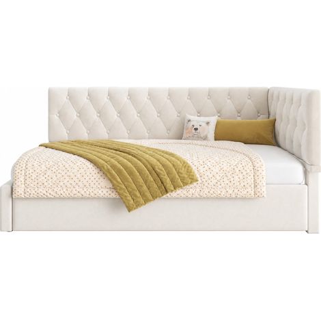 Lit banquette 1 place 90x190 cm avec coffre de rangement hydraulique, tête de lit réversible, revêtement velours beige, style moderne - CHICFURN (1/5)