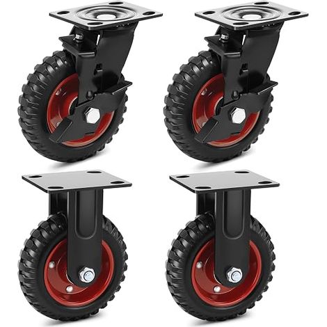 Heavy Load Industrial Casters 150 mm Set of 4 Fixed and Braked Swivel Casters, Solid Non-Slip Rubber Wheels 800 kg for Heavy Industrial Trolley and Machine (1/5)