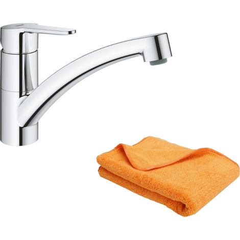 Grohe – Mitigeur de cuisine bec bas – Finition chromée durable – Bec tube pivotant 140° – Installation rapide sans outil – Livré avec microfibre (1/5)