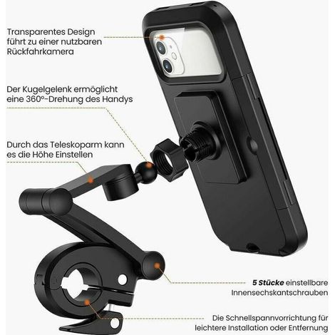 Support pour téléphone portable à vélo, support étanche pour smartphone avec écran tactile, pivotant à 360°, réglable en hauteur pou jusqu'à 6,7 pouces, Moto à vélo, Noir (1/4)