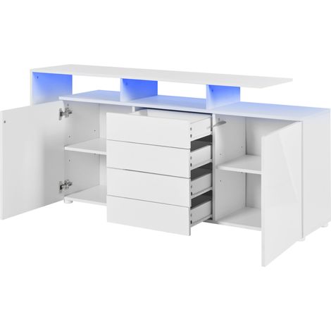 Sideboard con LED bianco lucido 160 x 35 x 70 cm con 4 cassetti e 2 ante MODENUIT (1/5)