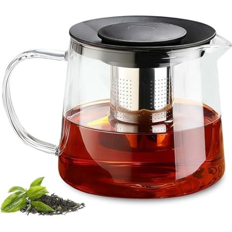 Théière en verre 1500 ml avec passoire, théière en verre borosilicate avec infuseur amovible, passe au lave-vaisselle, idéale pour le thé, le café, les tisanes et les tisanes (noir) (1/5)
