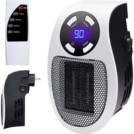 Chauffage Enfichable 500W,Mini Chauffe-Air Électrique Socket, Chauffage D'espace Mural avec Télécommande, Radiateur Électrique Soufflant 500W avec 2 Vitesses D'air, Thermostat, Timer (1/4)