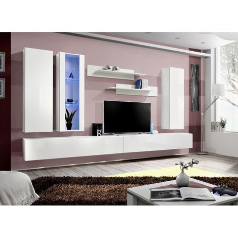 Ensemble meuble TV mural  - Fly V - 320 cm x 190 cm x 40 cm - Blanc - Livraison gratuite