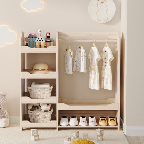 Penderie pour enfants 110x39x110 cm, Armoire de rangement avec tringle et 4 étagères pour chambre de bébé, Bois de pin style Montessori , Naturel (1/5)