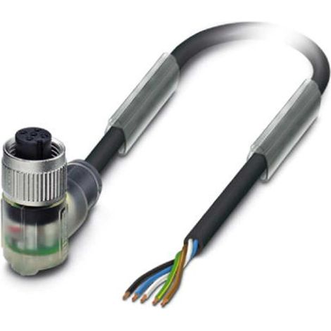 Câble de capteur M12 en PVC avec LED, connecteur coudé à 5 broches, codage A, longueur 2,0 mètres, noir de jais RAL 9005, câble