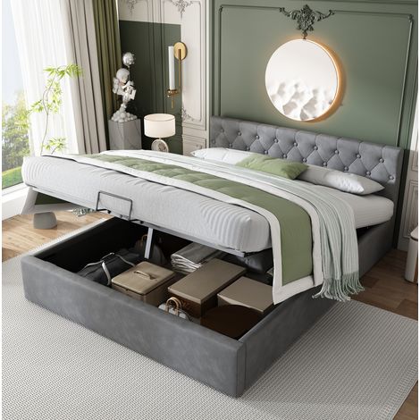Letto contenitore 140x200 cm in velluto grigio, testiera capitonné, apertura idraulica - CHICFURN (1/5)