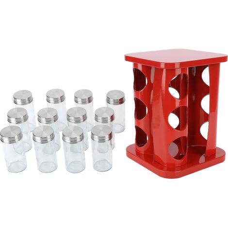 Set mit 12 Gewürzgläsern aus Glas und Edelstahl, drehbare Würzflaschen, rote Küche, schwere Qualität (1/5)