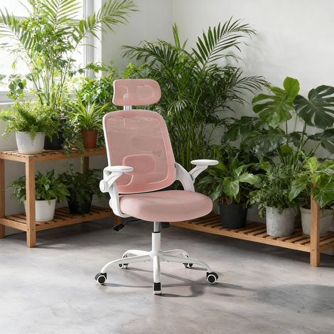 Sedia da ufficio ergonomica alta con poggiatesta regolabile e braccioli 3D rosa DESVIAE (1/5)