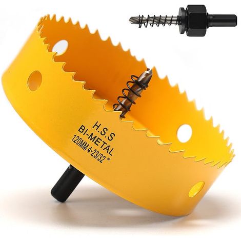 Scie cloche 120mm, Scie Trépan avec adaptateur hexagonal et embout central, Bi-métal HSS M42 scie cloche pour plastique, aluminium, plaques de plâtre, Jaune (1/5)