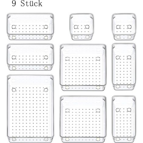 9 pièces Organisateur de tiroir, système anti-glissement, acrylique transparent, pour coiffeuse, salle de bain, bureau (1/5)