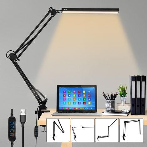Wolketon Lámpara LED de arquitecto 10 W con pinza, regulable, 80 LED, 3 modos de luz, 10 niveles de brillo, cabezal giratorio 360°, USB, negra (1/5)