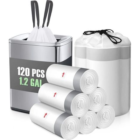 Sacs poubelle à cordon de serrage – 1,2 gallon (4,5 L), 120 unités, épaisseur renforcée, idéaux pour salle de bain, cuisine et bureau