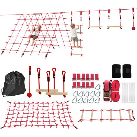 Parcours d'obstacles Ninja pour enfants - AIYAPLAY - 10 M - kit de tyrolienne complet charge 100 kg - PP - rouge