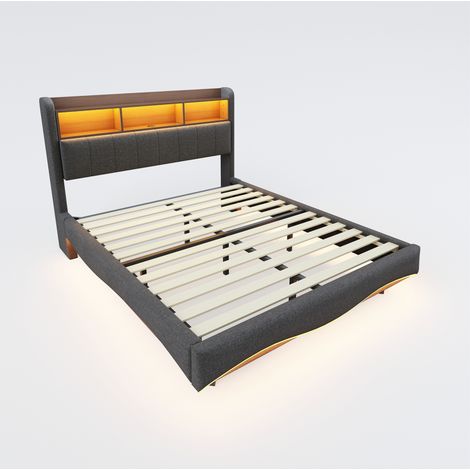 Lit capitonné flottant 160x200 gris avec LED, ports USB et USB-C, rangement (1/5)