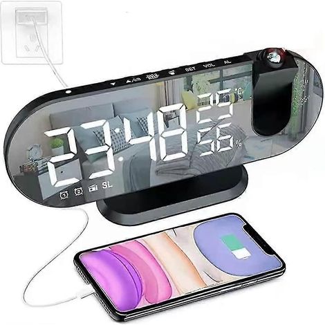 Réveil numérique avec projection, radio LED 7,3 pouces, projecteur à 180°, surface miroir moderne, fonction snooze, 2 sonneries, 4 niveaux de luminosité, port USB et prise téléphone. (1/5)