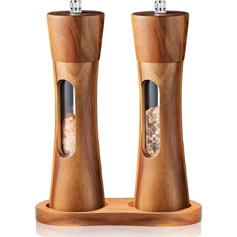 Set di macinapepe e macinasale in legno, set regolabile in ceramica da 2 pezzi con base in legno. (1/4)