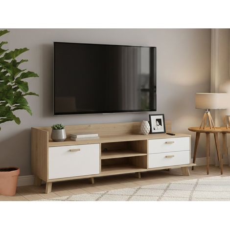 Dmora - Mobile porta TV Eloise, Credenza da soggiorno, Armadio basso per TV, Base parete attrezzata, 182x51 h62 cm, Rovere e Bianco (1/5)