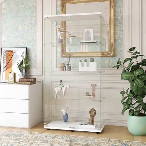Vitrine en verre - 80x36x164 cm - Blanche - Double porte - Quatre étagères - Fermable - Socle inclus (1/5)