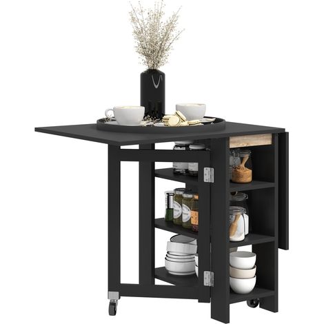 Table de cuisine pliante à abattants, 2 roulettes et étagères, style moderne, 120 x 60 x 75 cm, noire