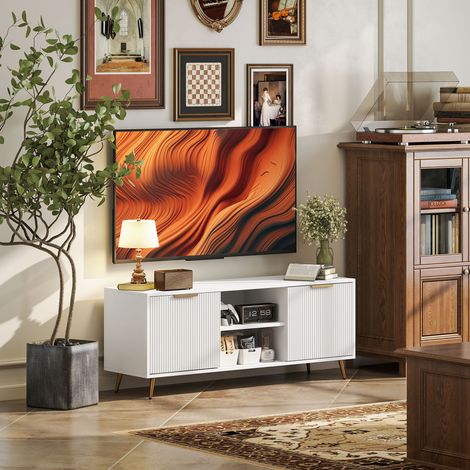 Meuble Tv Compartiments Ouverts Portes 55 Pouces Mobilier Intérieur Blanc 120x35x48cm