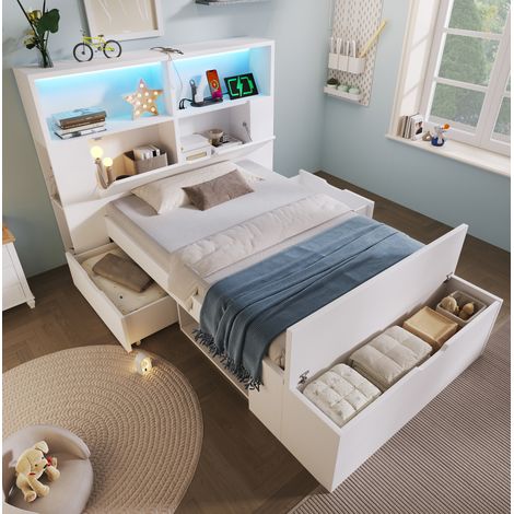 Lit adulte rangement 90x200 bois blanc LED USB banc OKMYHOME (1/5)