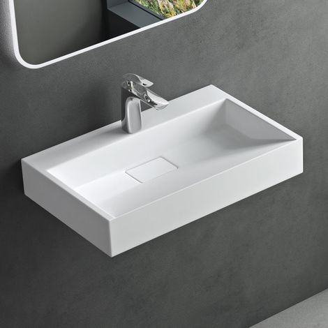 Mai & Mai Lavabo da Appoggio 60x38x11cm, Lavabo Bagno Sospeso Lavandino Bagno con Piletta di Scarico Colossum19 Lavabo da Minerale fuso, un Foro per Rubinetteria,Bianco opaco