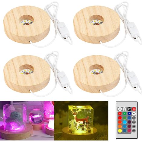 LED Base en Bois: 4 Pièces Base Lumineuse à LED, Base Ronde Exposition avec Lumières LED avec Câble Interrupteur USB, Base LED pour Affichage pour Cristal, Bijoux Acrylique et Résine (1/5)