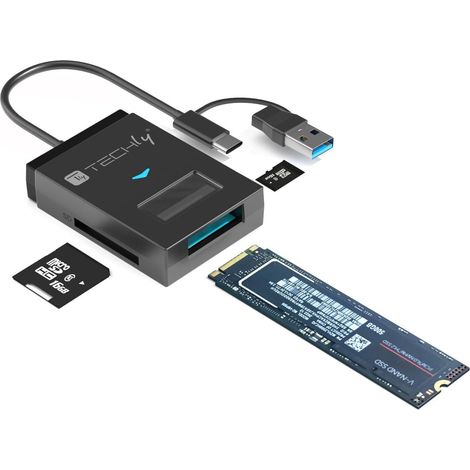 Techly Adattatore USB-A/USB-C a NVMe/SATA M.2 con Lettore Memorie SD/TF Nero (1/5)