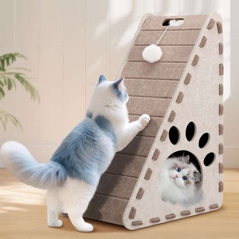 Griffoir 3 en 1 pour Chats, Maison Triangulaire, Beige (1/5)