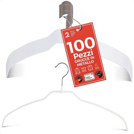 MAWA Grucce Appendiabiti Light, Set di 100 Grucce Salvaspazio e Antiscivolo, Ideali per Camicie e Bluse, Gancio Girevole 360°, Rivestimento Antiscivolo, 42 cm, Bianco (1/5)