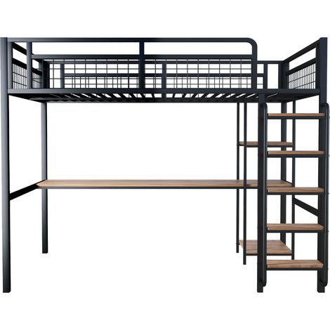 Cama alta de metal 140 x 200 cm negra con escritorio, estantes y escalera segura (1/5)