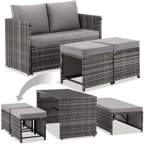 4 pièces Salon rotin convertible 2 en 1 extérieur gris