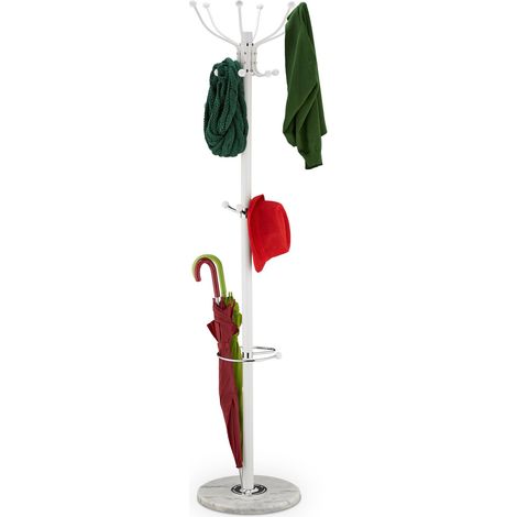 Relaxdays Coat Rack, with Marble Base, 16 Hooks & Umbrella Storage, Stable Hallway Storage, HxØ: 176.5 x 36.5 cm, White