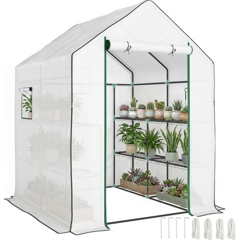 Serre d pliable 140 x 143 x 190 cm blanche pour salon d'extérieur étagères, porte enroulable, bâche polyéthylène structure acier, (1/5)