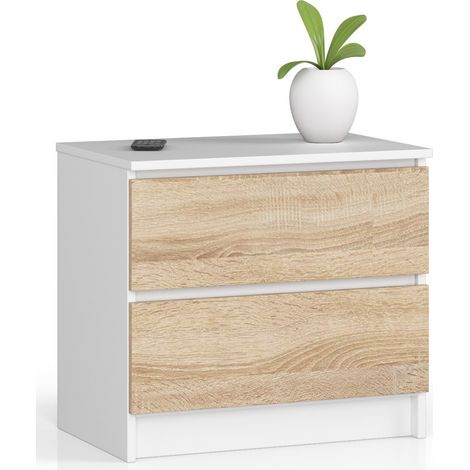 Comodino AKORD K60 Bianca 60 cm 2 cassetti inserto frontale Sonoma Quercia 60x40x55 cm